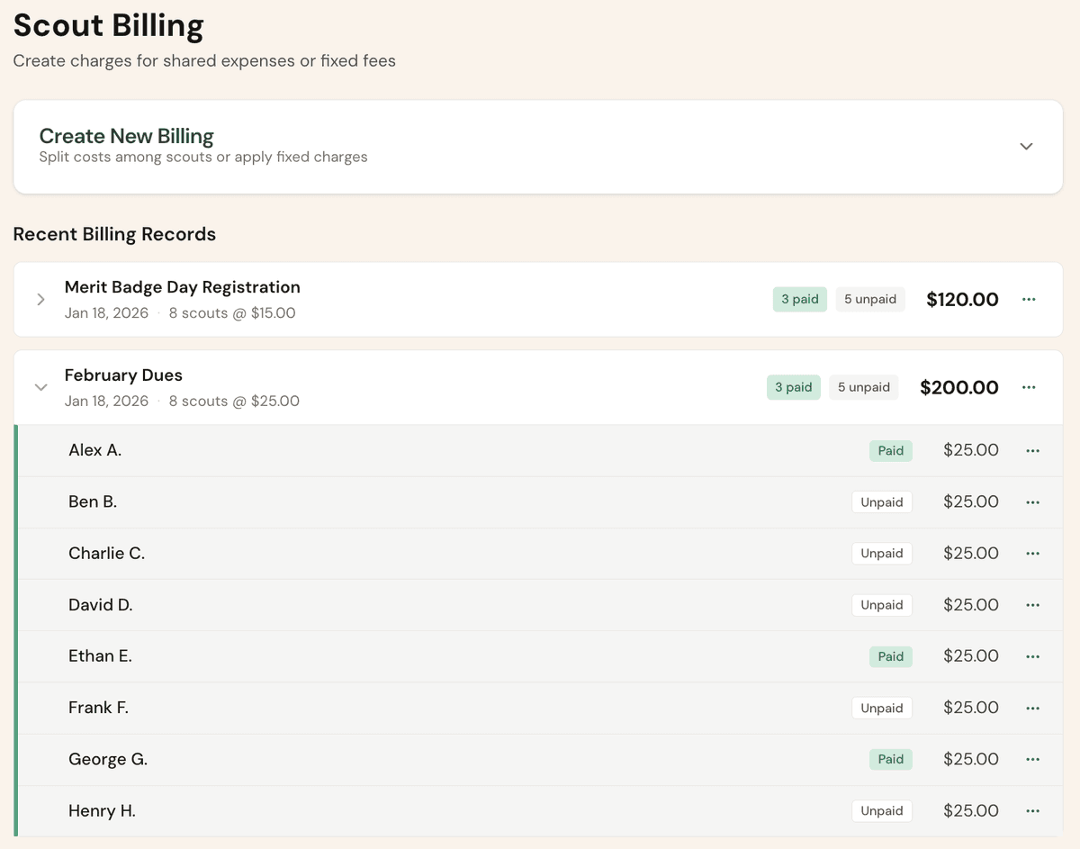 Recent billing records with payment status