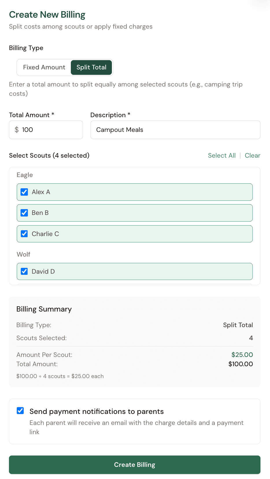 Fair share billing splitting costs among scouts